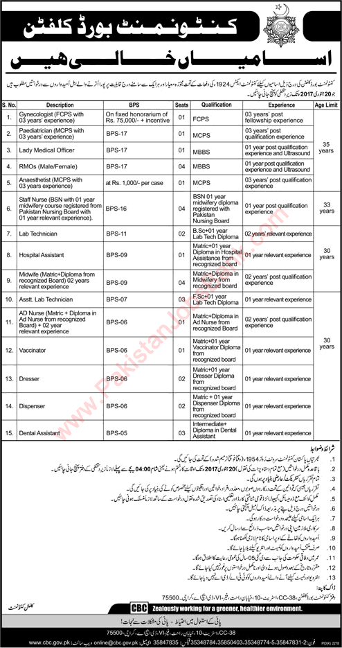 Cantonment Board Clifton Karachi Jobs 2017 Medical Officers, Staff Nurses, Midwifes & Others Latest