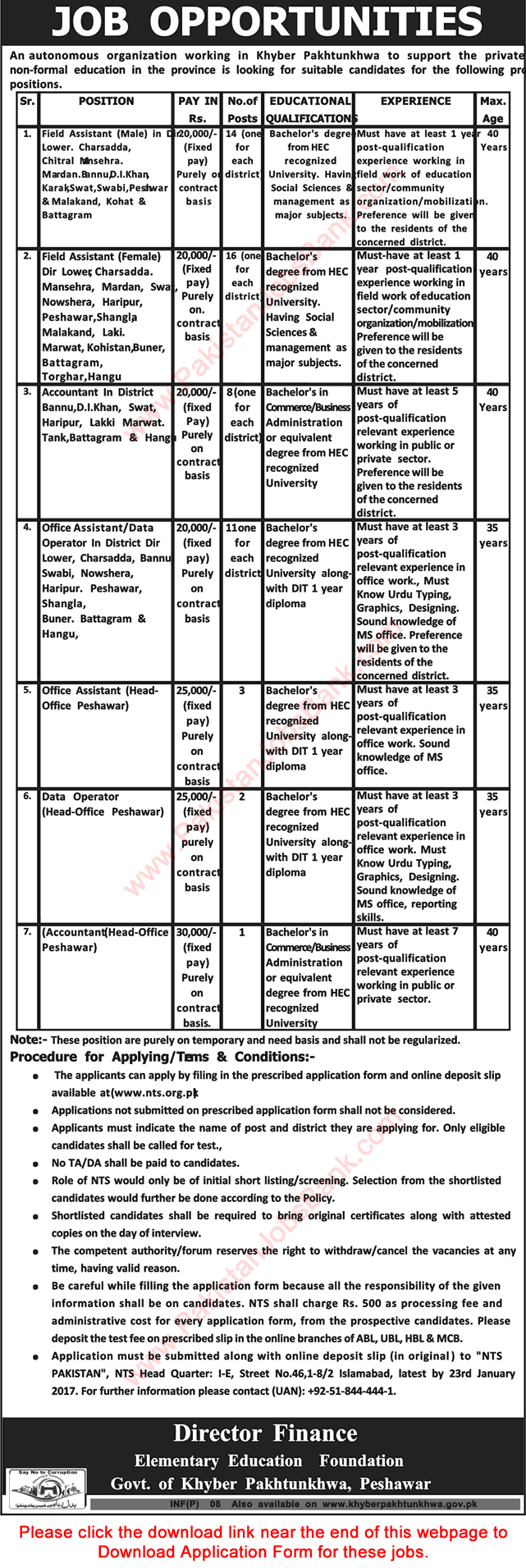 Elementary Education Foundation KPK Jobs 2017 NTS Application Form Field Assistants, Office Assistants & Others Latest