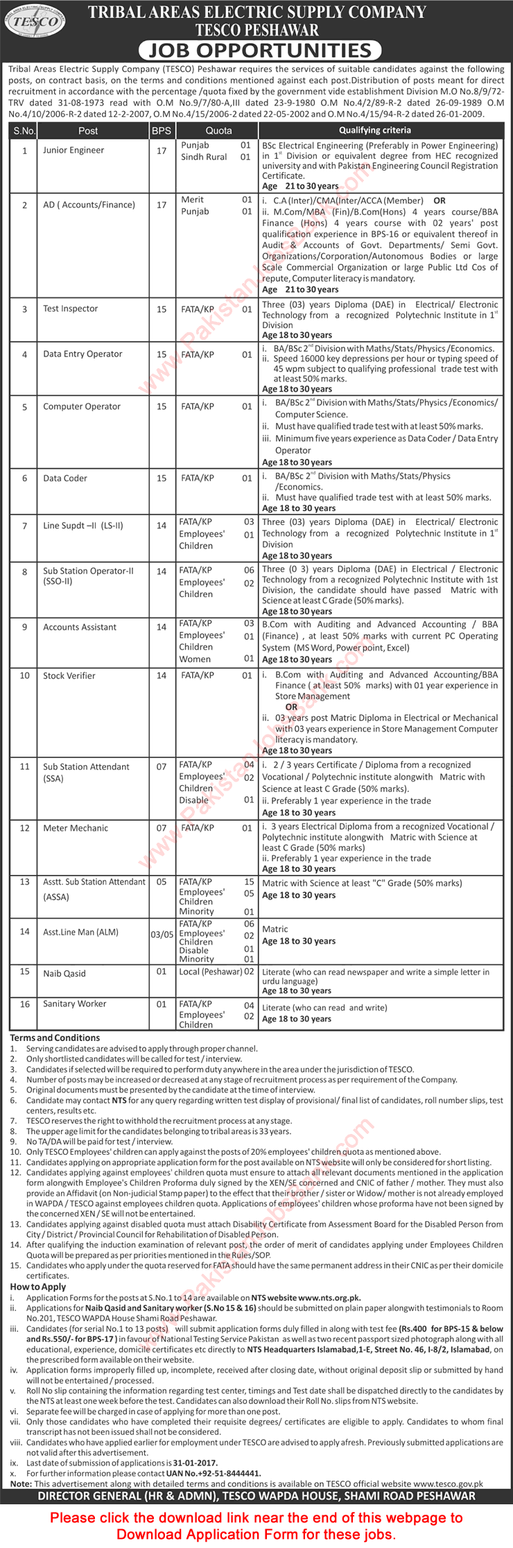 TESCO Jobs 2017 Peshawar WAPDA NTS Application Form Tribal Areas Electric Supply Company Latest / New