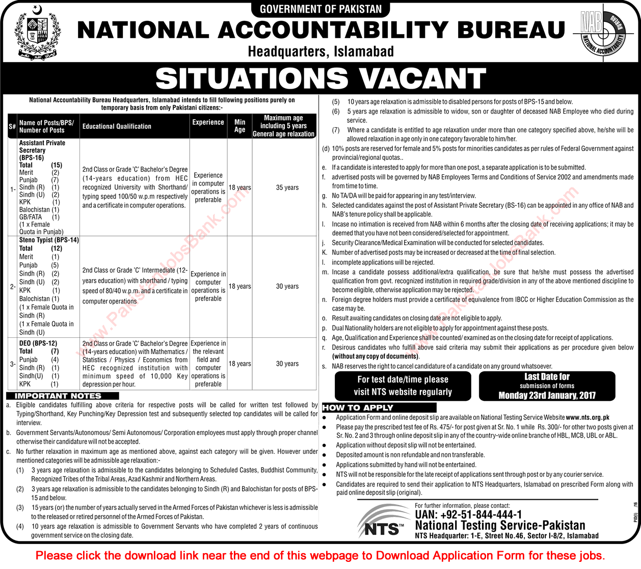 NAB Jobs 2017 Islamabad NTS Application Form Assistant Private Secretaries, Stenotypists & DEO Latest