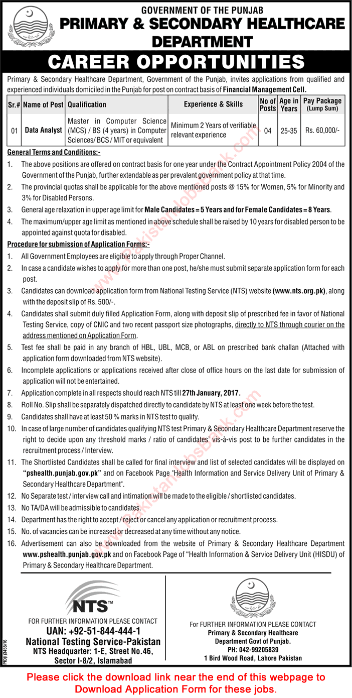 Data Analyst Jobs in Primary and Secondary Health Department Punjab 2017 NTS Application Form Latest