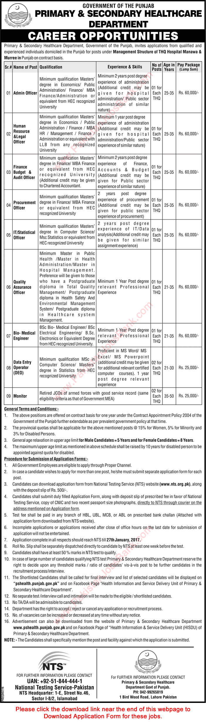 Primary and Secondary Healthcare Department Punjab Jobs 2017 NTS Application Form Download Latest