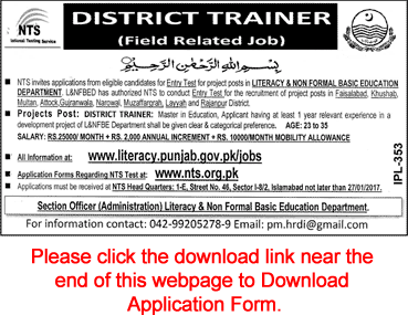 District Trainer Jobs in Literacy Department Punjab 2017 NTS Application Form L&NFBED Latest