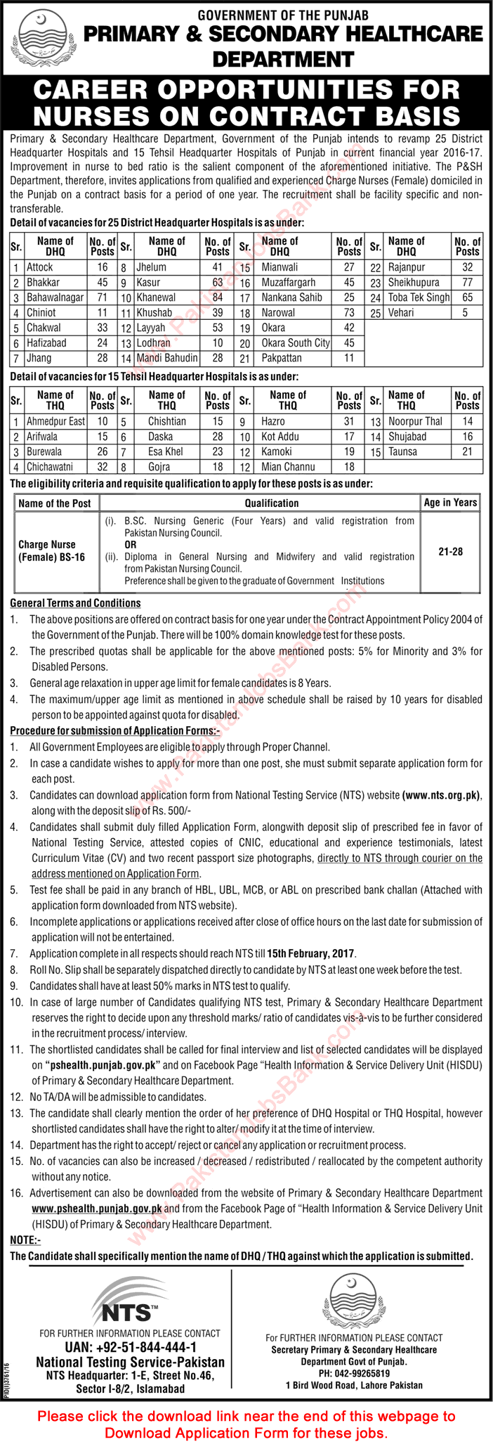 Charge Nurse Jobs in Primary and Secondary Healthcare Department 2017 January Punjab NTS Application Form Latest
