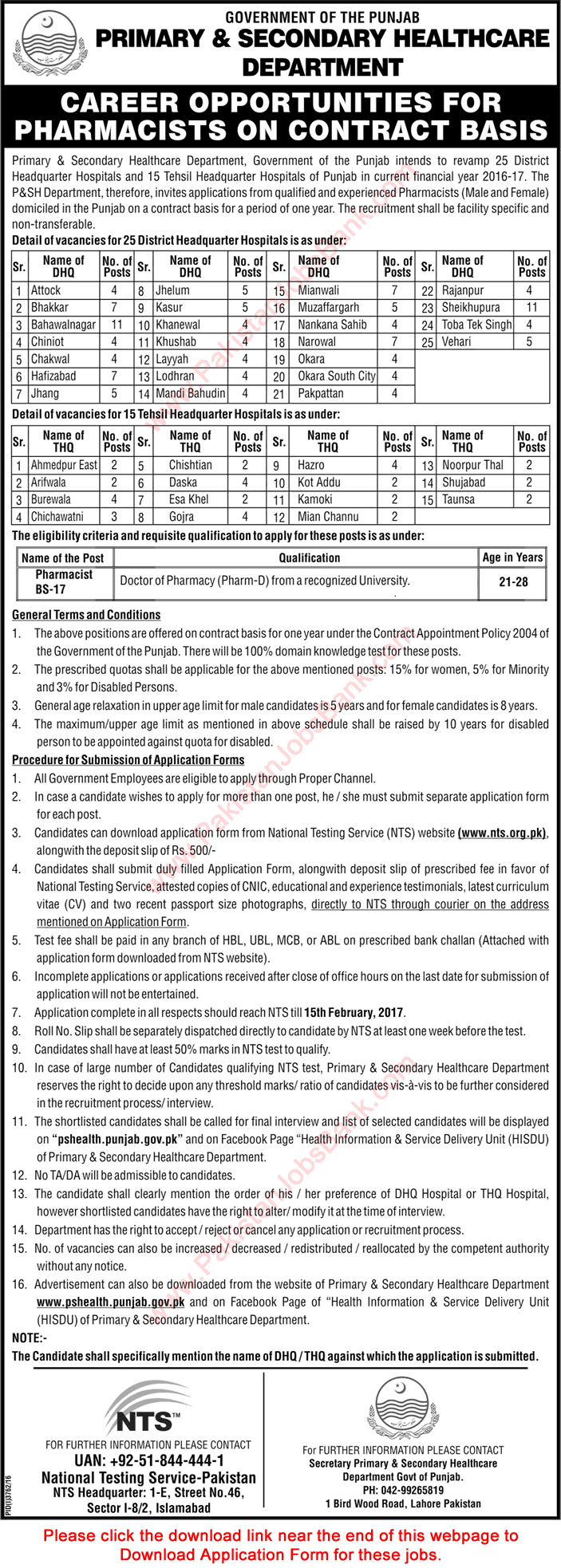 Pharmacist Jobs in Primary and Secondary Healthcare Department Punjab 2017 NTS Application Form Download Latest