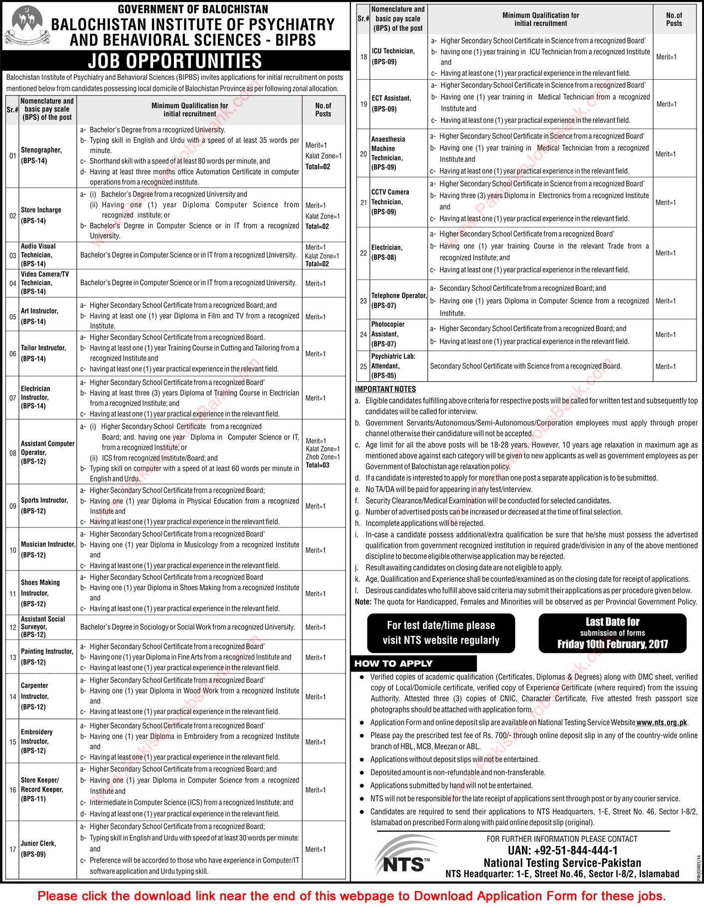 Balochistan Institute of Psychiatry and Behavioral Sciences Jobs 2017 NTS Application Form BIPBS Latest