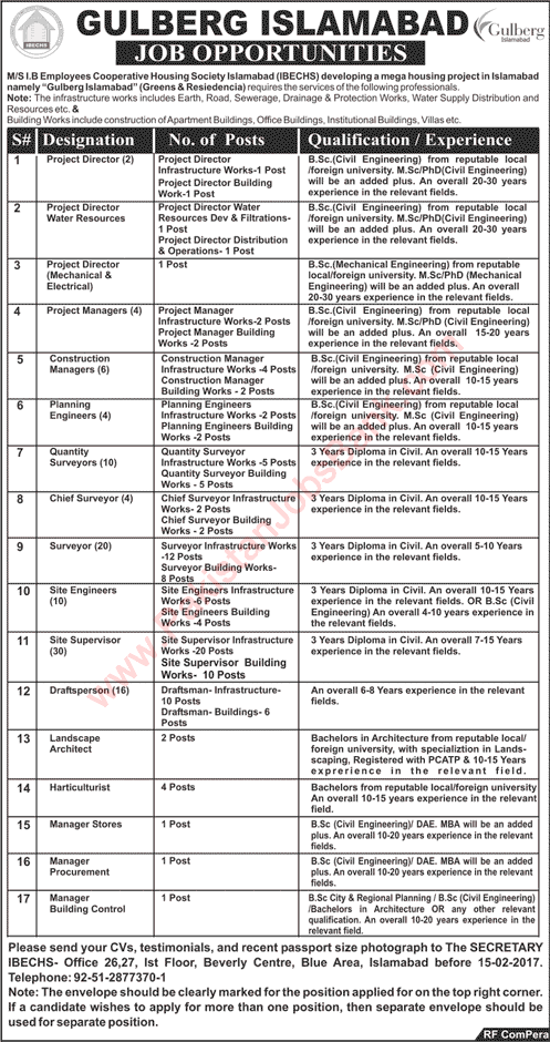 Gulberg Islamabad Jobs 2017 January IBECHS Site Supervisors, Surveyors, Draftsman, Managers & Others Latest