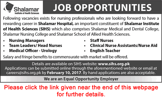 Shalamar Hospital Lahore Jobs 2017 Nurses, Medical Officers & Others SIHS Latest