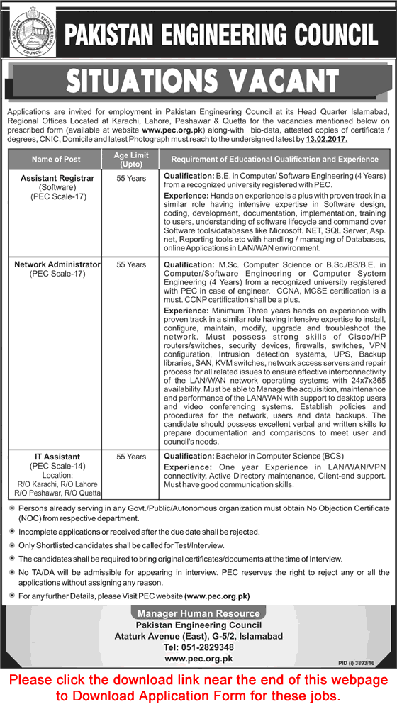 Pakistan Engineering Council Jobs 2017 January PEC Application Form IT Assistants & Others Latest