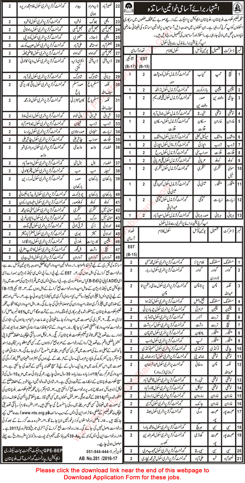 Education Department Balochistan Jobs 2017 February NTS Application Form Female EST & IT Teachers Latest