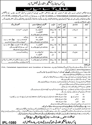 Parks and Horticulture Authority Faisalabad Jobs 2017 February PHA Baildar, Naib Qasid, Chowkidar & Others Latest