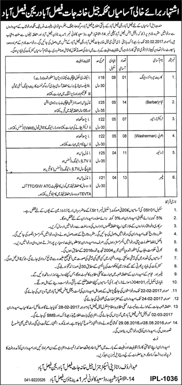 Prison Department Punjab Jobs 2017 February Faisalabad Region Drivers, Plumber, Dhobi & Others Latest