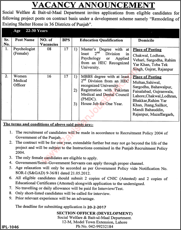 Social Welfare and Bait-ul-Maal Department Punjab Jobs 2017 February Medical Officers & Psychologists Latest
