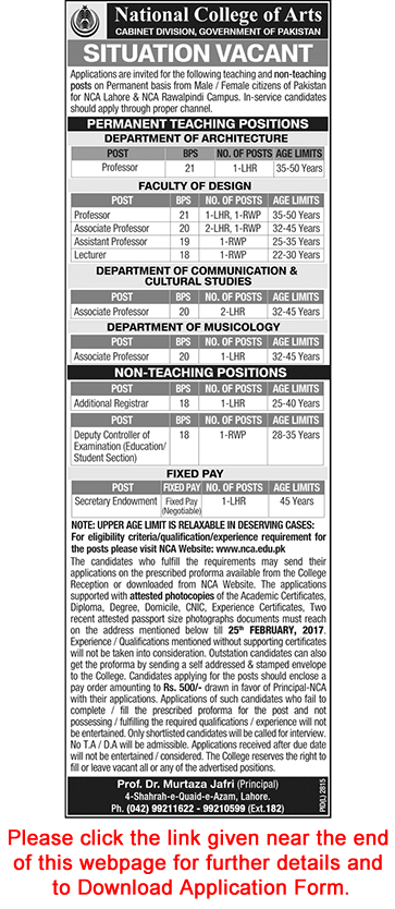 National College of Arts Lahore / Rawalpindi Jobs 2017 February NCA Application Form Teaching Faculty & Others Latest