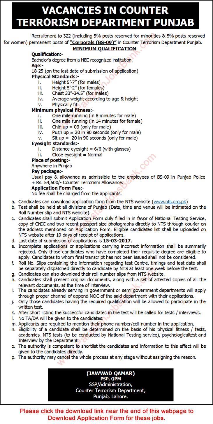 Corporals Jobs in Counter Terrorism Department Punjab 2017 February NTS Application Form Download CTD Latest