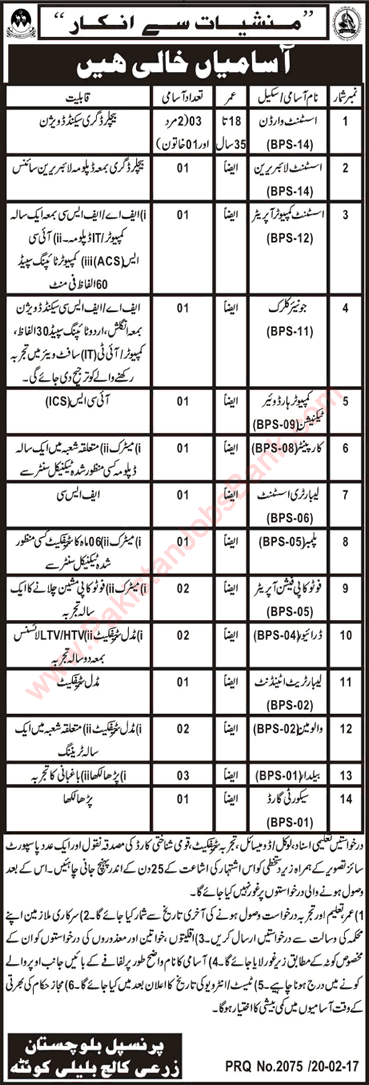 Balochistan Agriculture College Quetta Jobs 2017 February Assistant Wardens, Baildar & Others Latest