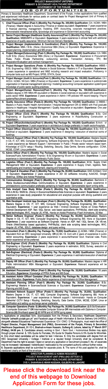 Primary and Secondary Healthcare Department Punjab Jobs February 2017 Application Form Download Latest