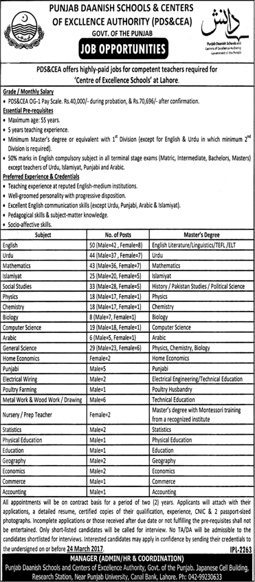 Punjab Daanish Schools and Centers of Excellence Authority Jobs 2017 March Lahore for Teachers Latest