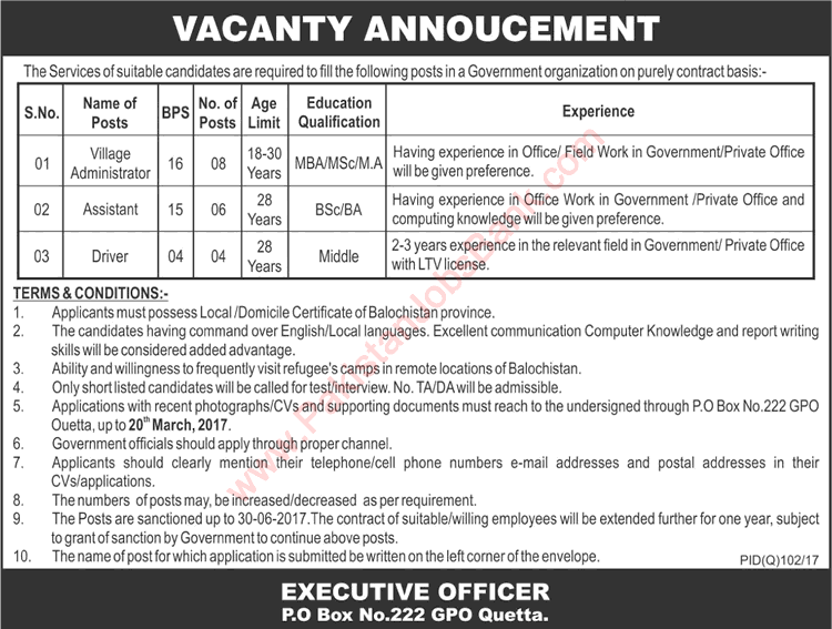 PO Box 222 GPO Quetta Jobs 2017 March Village Administrators, Assistants & Drivers Latest