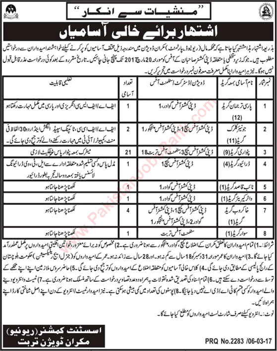 Revenue Department Makran Division Jobs 2017 March Patwari, Clerks, Khakroob & Others Latest