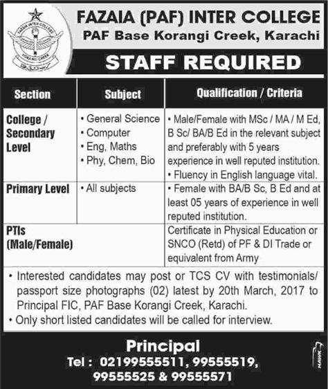 Fazaia Inter College Karachi Jobs March 2017 for Teachers & PTI Latest