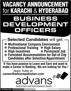 Business Development Officer Jobs in Advans Pakistan Microfinance Bank 2017 March Latest