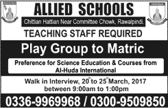 Allied School Rawalpindi Jobs March 2017 for Teachers Walk in Interview Latest