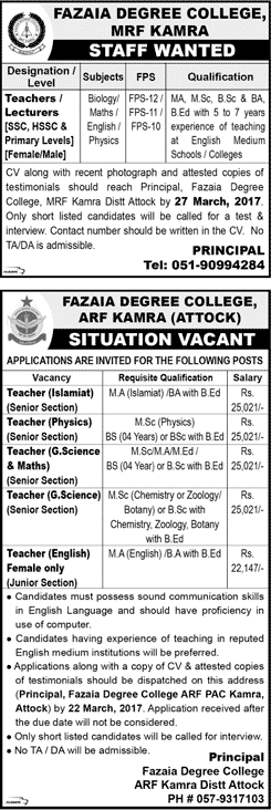 Fazaia Degree College Kamra Jobs March 2017 Teachers & Lecturers FDC Latest