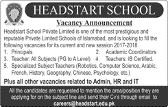 Headstart Schools Islamabad Jobs 2017 March Teachers, Academic Coordinators & Principals Latest
