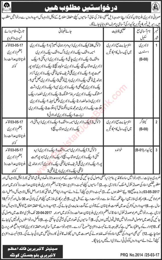 Balochistan Provincial Library Jobs March 2017 Library Assistants, Chowkidar & Catalogers Latest
