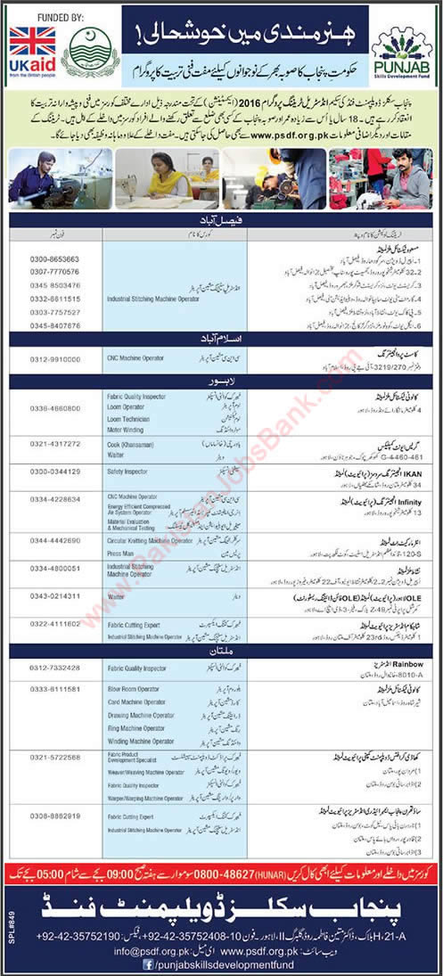 PSDF Free Courses March 2017 Punjab Skills Development Fund Latest / New