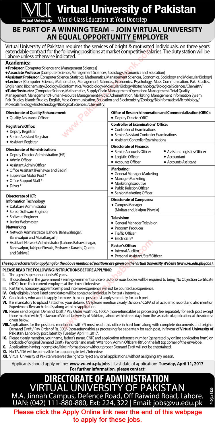 Virtual University Jobs 2017 March Apply Online Teaching Faculty, Admin & Support Staff Latest