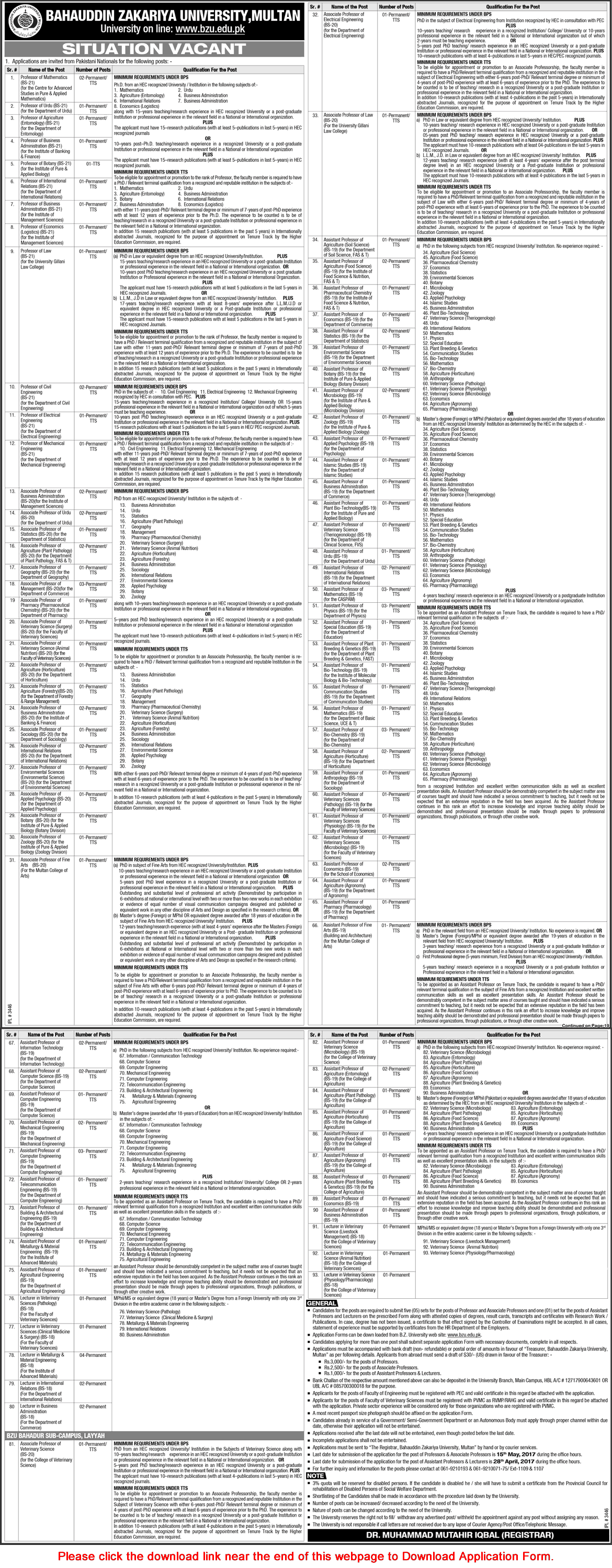 Bahauddin Zakariya University Multan Jobs 2017 March / April Application Form Teaching Faculty Latest