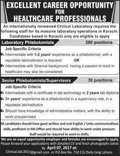 Laboratory Phlebotomist Jobs in Karachi 2017 March / April Latest