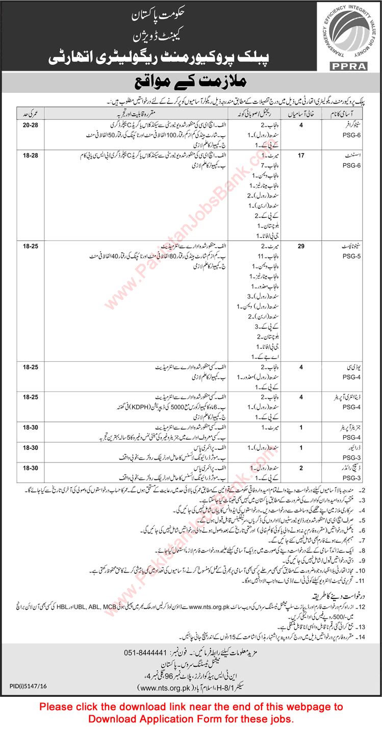 PPRA Jobs 2017 April NTS Application Form Stenotypists, Assistant, Clerks, DEO & Others Latest