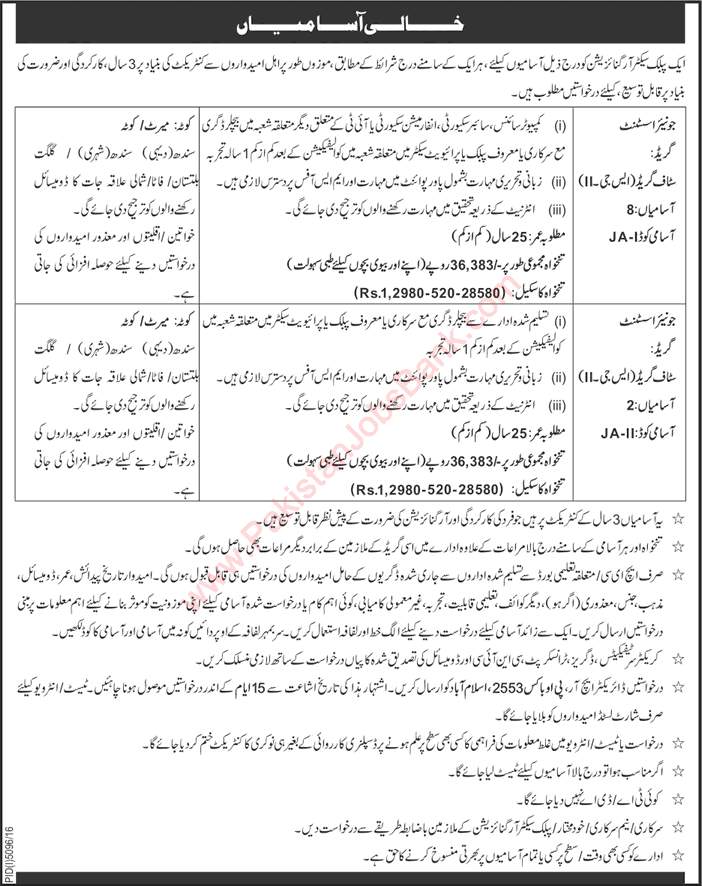 PO Box 2553 Islamabad Jobs 2017 April for Junior Assistants Public Sector Organization Latest