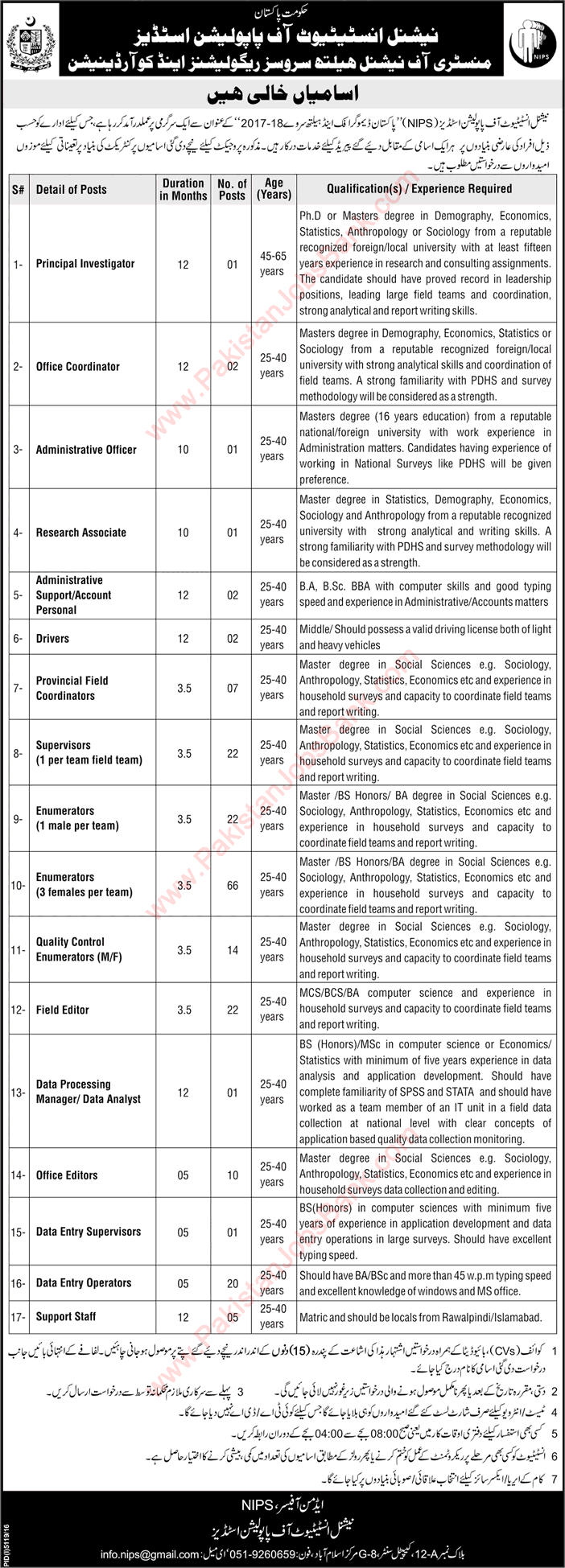 NIPS Islamabad Jobs 2017 April National Institute of Population Studies Enumerators, Supervisors & Others Latest