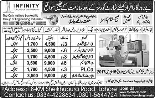 Free Training Courses in Lahore April 2017 at Infinity School of Engineering Latest