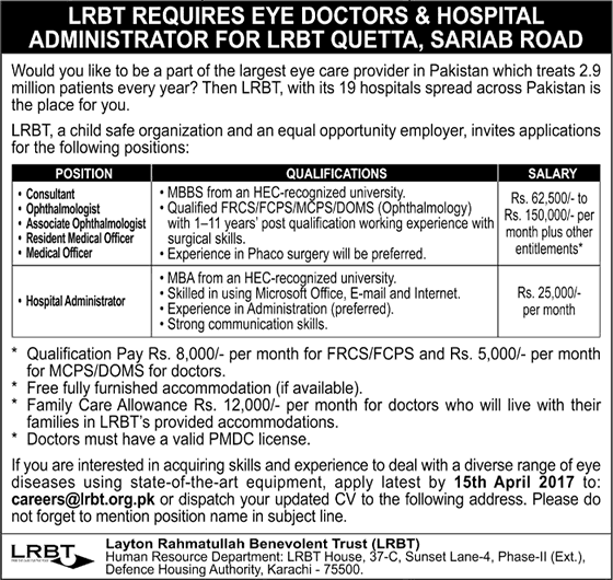 LRBT Jobs 2017 April Quetta Medical Officers, Specialists & Hospital Administrator Latest
