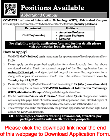 COMSATS University Abbottabad Campus Jobs 2017 April Application Form Teaching Faculty Latest
