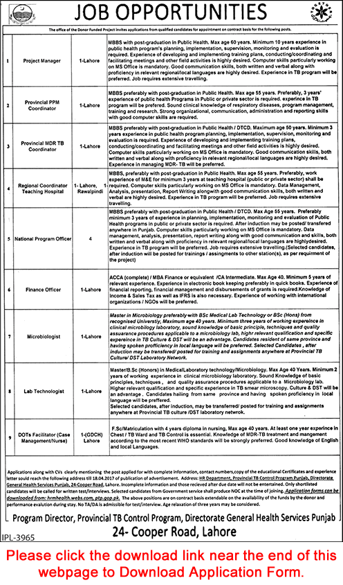 Provincial TB Control Program Punjab Jobs 2017 April Application Form Download Latest