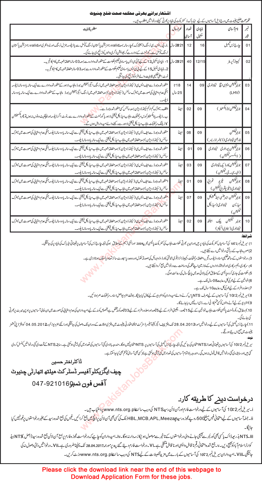 Health Department Chiniot Jobs April 2017 NTS Application Form Computer Operators, Nurses, LHV & Others Latest