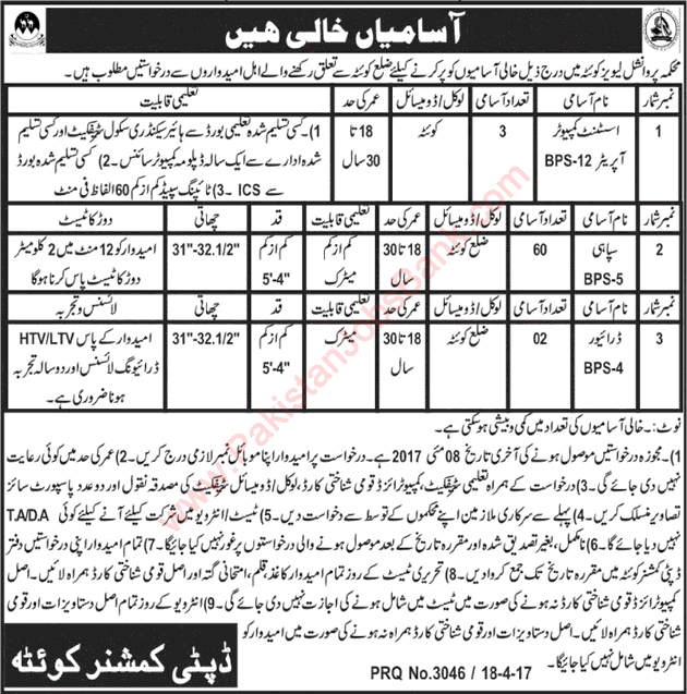 Balochistan Levies Force Jobs April 2017 Quetta Sipahi, Computer Operators & Drivers Latest