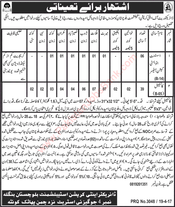 Anti Corruption Establishment Balochistan Jobs 2017 April Constables & Assistant Investigation Officers Latest