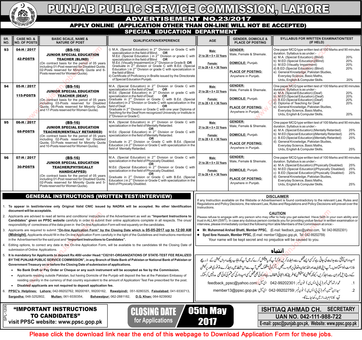 Special Education Teacher Jobs in Special Education Department Punjab Jobs April 2017 PPSC Apply Online Latest