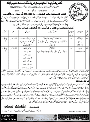 Directorate of Animal Breeding Sindh Hyderabad Jobs 2017 April Veterinary Officers & Drivers Latest