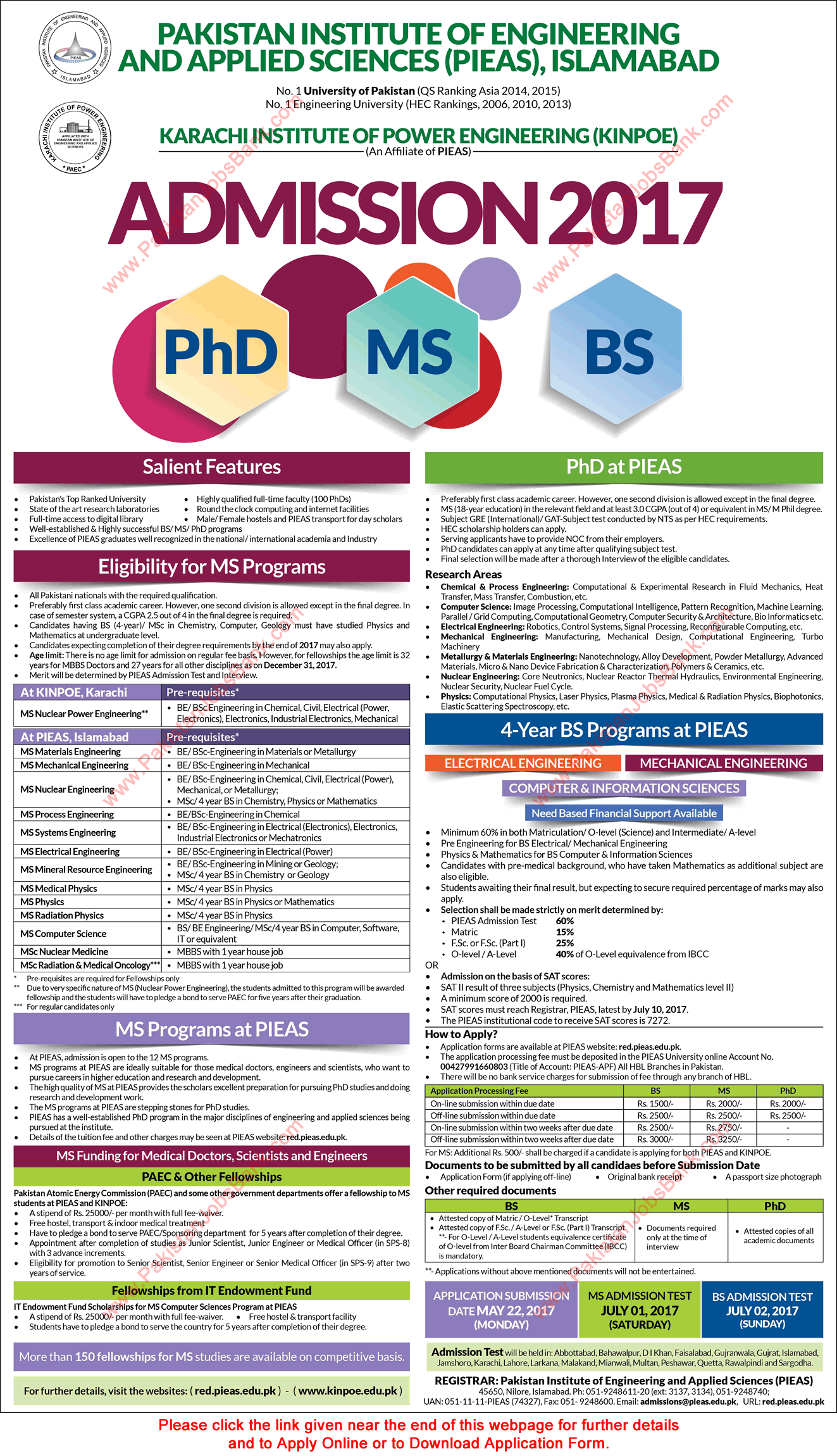 PAEC Fellowships 2017 Postgraduate / MS Programs at PIEAS & KINPOE Latest Advertisement & Online Application Form