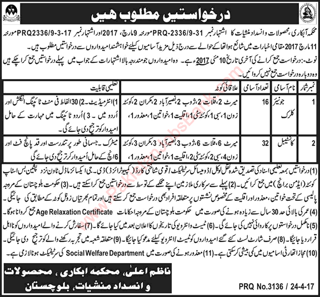 Excise and Taxation Department Balochistan Jobs April 2017 Constables, Clerks & Assistant Computer Operators Latest