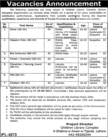 School Education Department Punjab Jobs April 2017 Children Library Complex Latest Advertisement