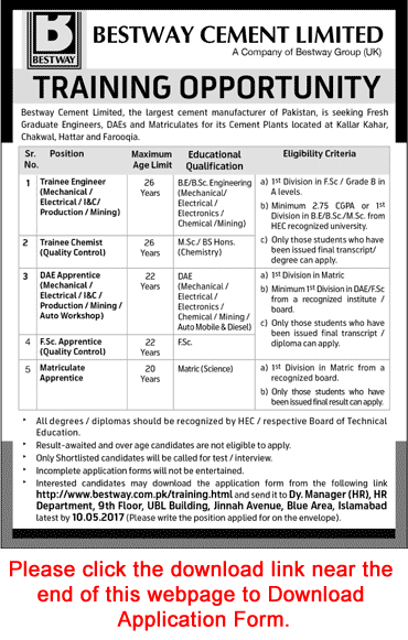 Bestway Cement Jobs 2017 April / May Application Form Trainee Engineers, Chemist & Apprentices Latest